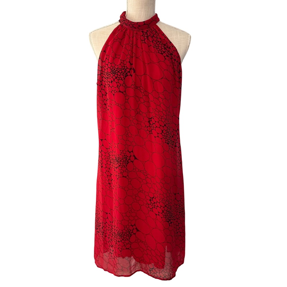 Jonathan Martin Womens Size 14 Red Black Bubble Print Halter Neck Dress Midi